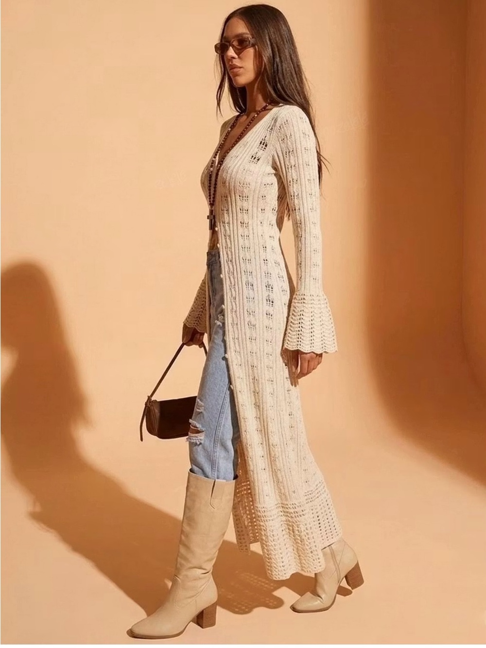 Long Crocheted Duster Cardigan in Cream